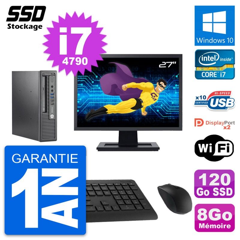 HP Mini PC 800 G1 USDT with 27" Screen, Intel i7-4790, 8GB RAM, 120GB SSD, Windows 10, Wifi