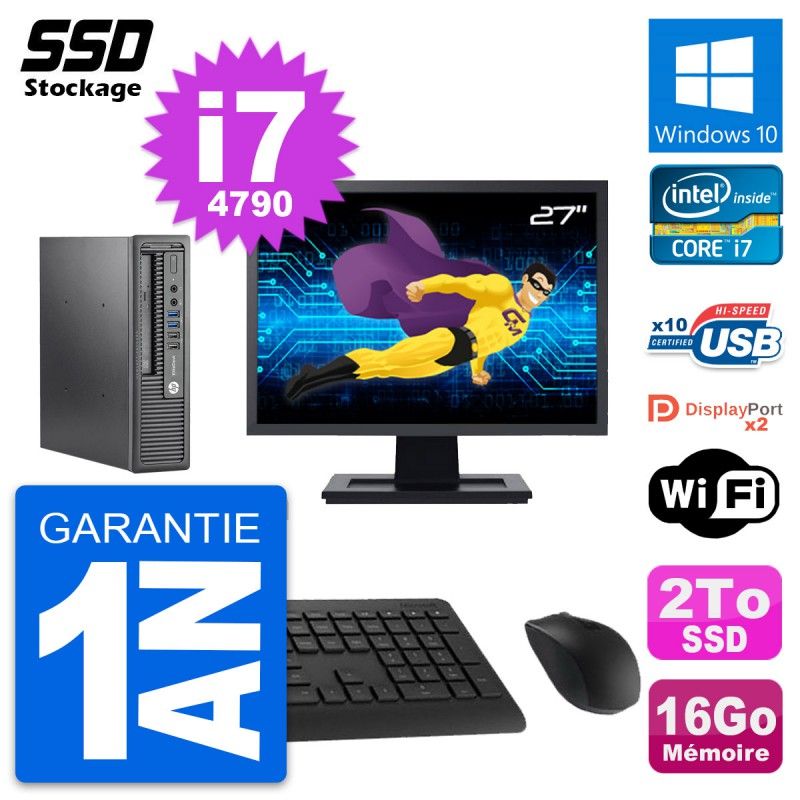 HP Mini PC 800 G1 USDT with 27" Screen, Intel i7-4790, 16GB RAM, 2TB SSD, Windows 10, WiFi