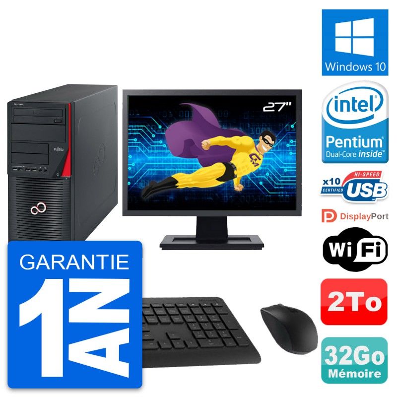 Fujitsu W530 PC Tower - 27" Display, Intel G3220, 32GB RAM, 2TB HDD, Windows 10, WiFi