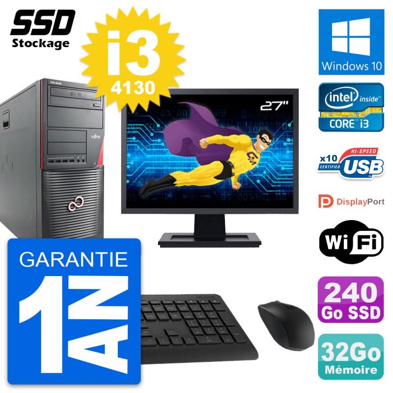 Fujitsu W530 PC Tower - 27" Screen, Intel i3-4130, 32GB RAM, 240GB SSD, Windows 10