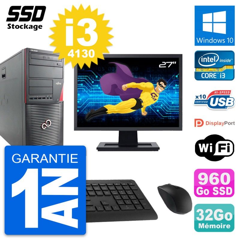 Fujitsu W530 PC Tower - 27" Screen, Intel i3-4130, 32GB RAM, 960GB SSD, Windows 10, Wifi