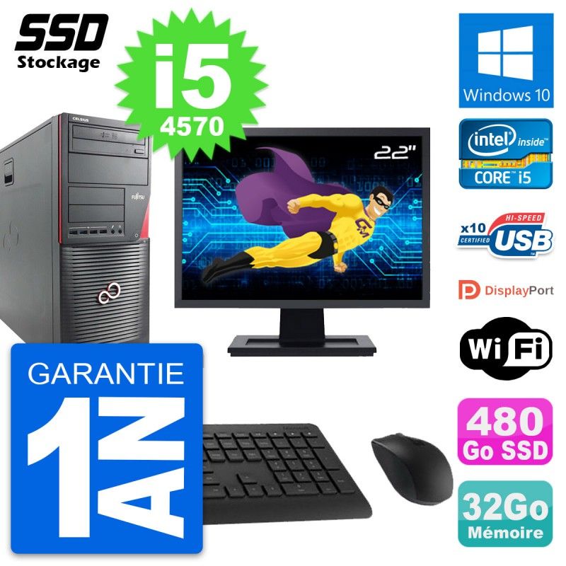 Fujitsu W530 22-inch PC Tower - Intel i5-4570, 32GB RAM, 480GB SSD, Windows 10, WiFi