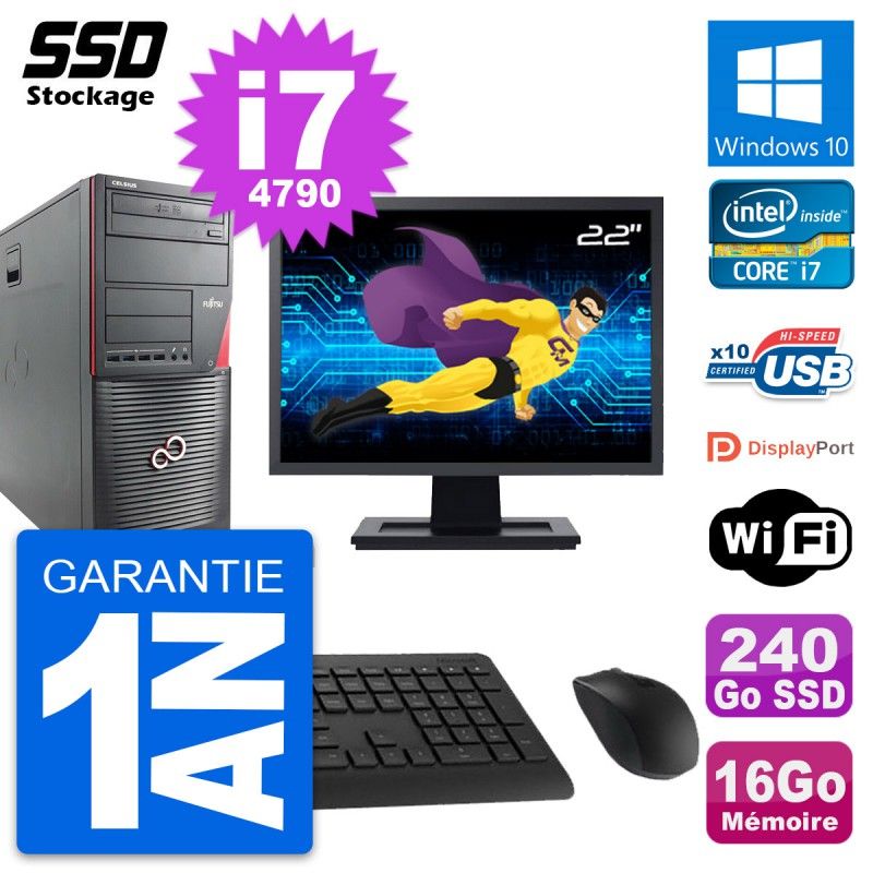 Fujitsu W530 PC Tower - 22" Screen, Intel i7-4790, 16GB RAM, 240GB SSD, Windows 10, WiFi