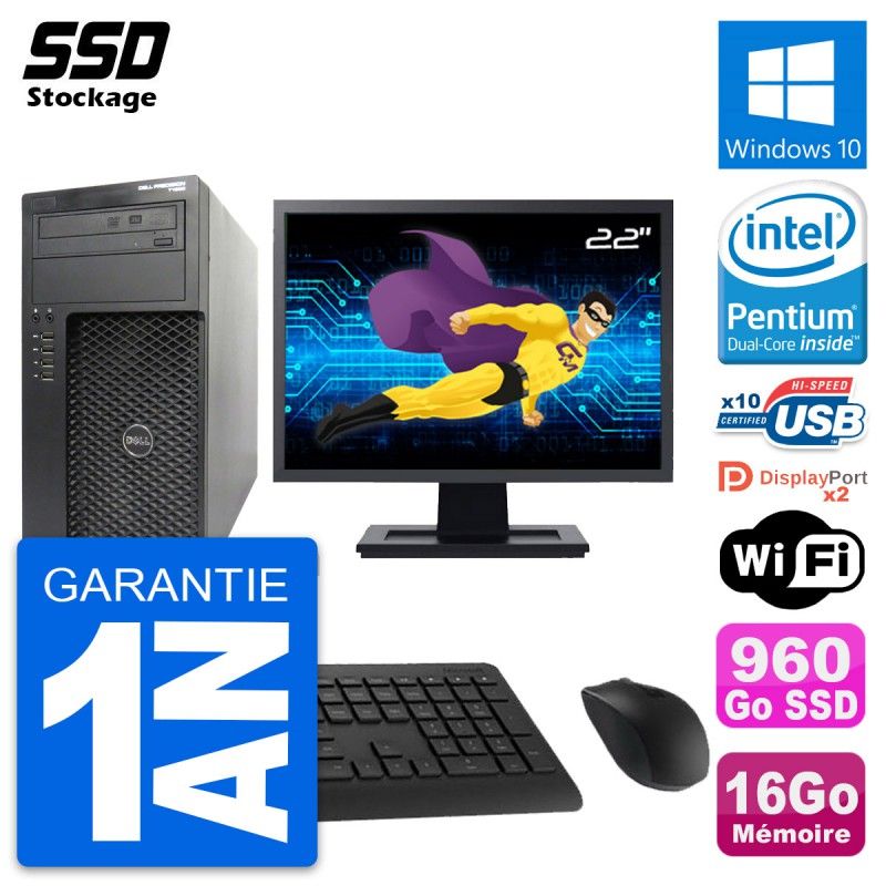 Dell Precision T1650 MT Desktop Computer - 22" Screen, Intel Pentium G2020, 16GB RAM, 960GB SSD, Windows 10, WiFi