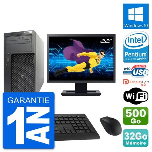 Dell Precision T1650 MT Desktop Computer - 22" Screen, Intel Pentium G2020, 32GB RAM, 500GB HDD, Windows 10, WiFi