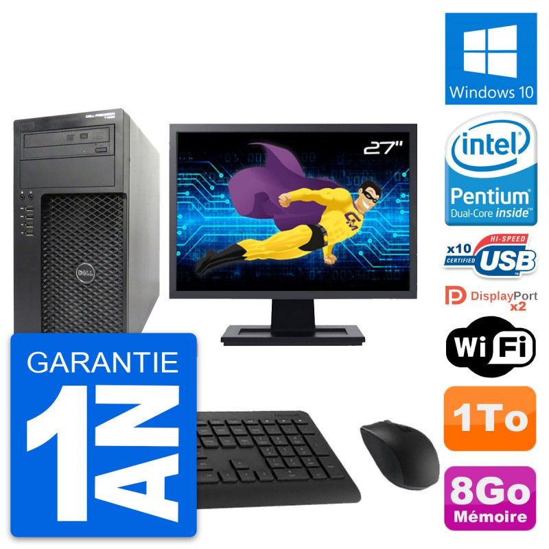 Dell Precision T1650 MT Desktop Computer, 27" Screen, Intel G2020, 8GB RAM, 1TB HDD, Windows 10, WiFi