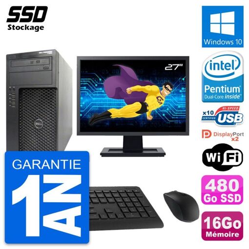 PC de escritorio Dell Precision T1650 MT - Pantalla de 27', Intel G2020, 16GB de RAM, 480GB SSD, Windows 10, WiFi