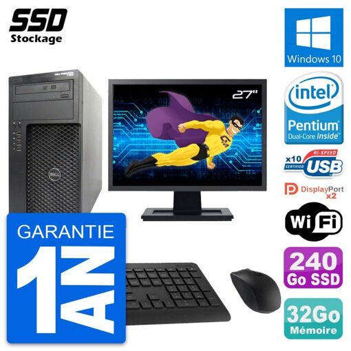 Computadora de escritorio Dell Precision T1650 MT - Pantalla de 27', Intel G2020, 32 GB de RAM, 240 GB SSD, Windows 10, WiFi