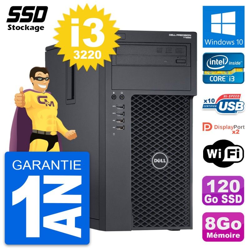 Dell Precision T1650 MT Desktop PC - Intel i3-3220, 8GB RAM, 120GB SSD, Windows 10, WiFi