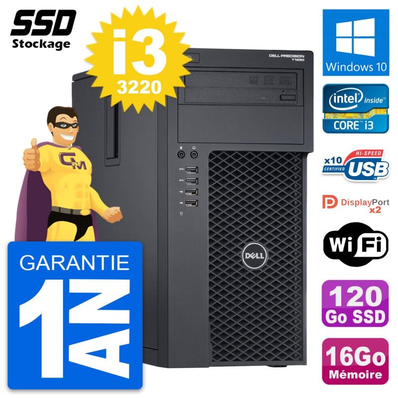 Dell Precision T1650 MT Desktop PC - Intel i3-3220, 16GB RAM, 120GB SSD, Windows 10, WiFi