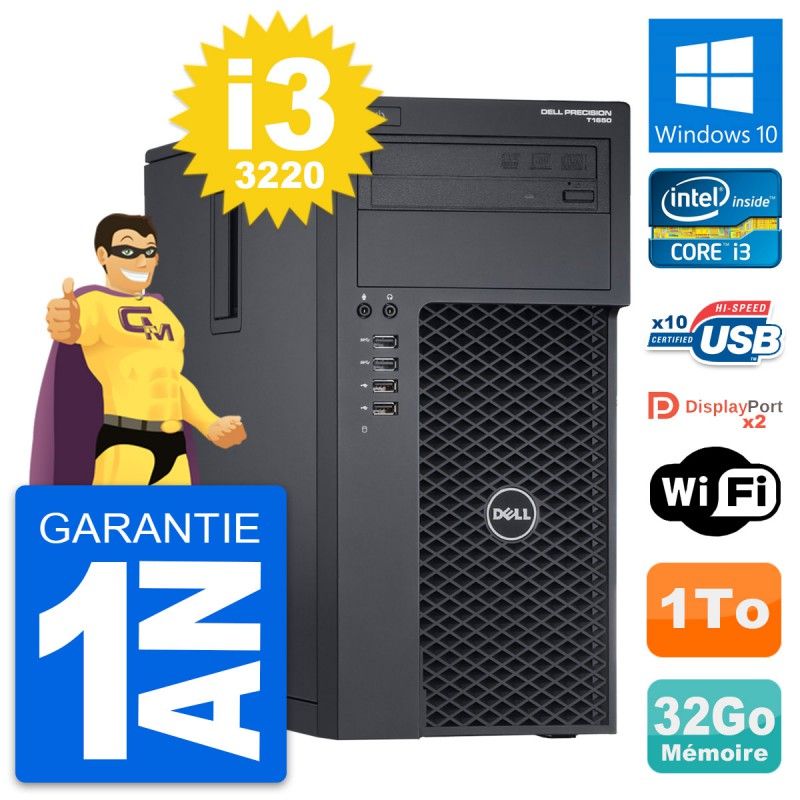 Dell Precision T1650 MT Desktop Computer - Core i3-3220, 32GB RAM, 1TB HDD, Windows 10, WiFi