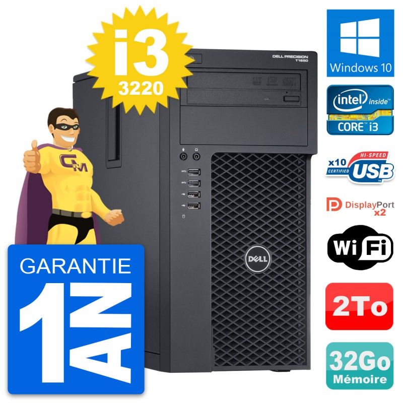 Dell Precision T1650 MT Desktop Computer - Core i3-3220, 32GB RAM, 2TB Storage, Windows 10, WiFi