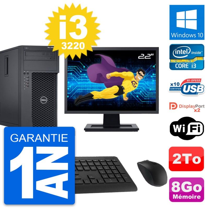 Dell Precision T1650 MT Desktop Computer, 22" Screen, Intel i3-3220, 8GB RAM, 2TB HDD, Windows 10, WiFi