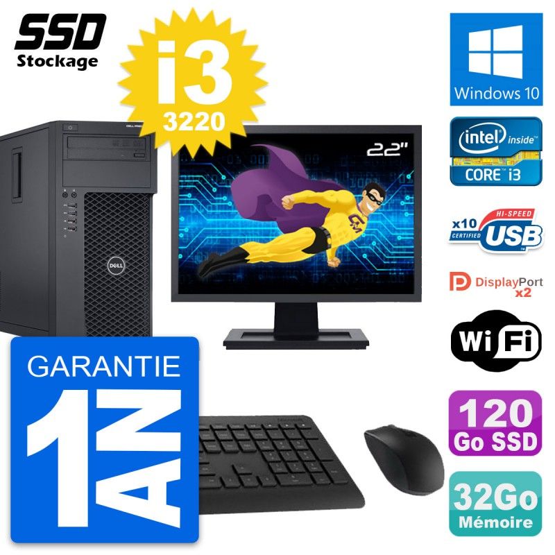 Dell Precision T1650 MT Desktop Computer, 22" Screen, Intel i3-3220, 32GB RAM, 120GB SSD, Windows 10, Wifi