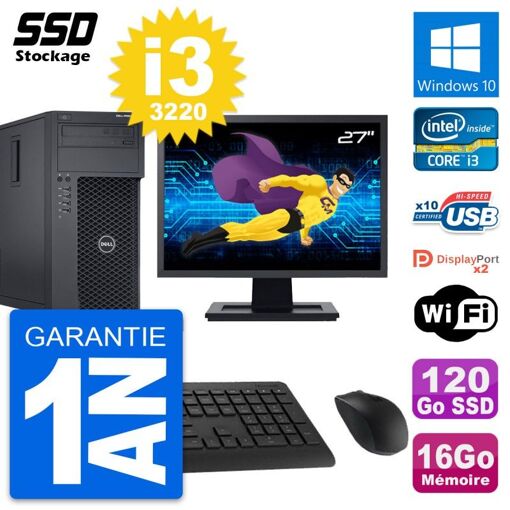 PC de escritorio Dell Precision T1650 MT - Pantalla de 27'', Intel i3-3220, 16 GB de RAM, 120 GB SSD, Windows 10, WiFi