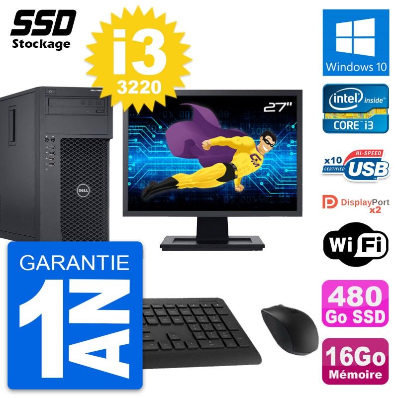 Dell Precision T1650 MT Desktop Computer - 27" Screen, Intel i3-3220, 16GB RAM, 480GB SSD, Windows 10, WiFi
