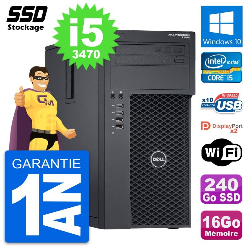 Dell Precision T1650 MT Desktop PC - Intel i5-3470, 16GB RAM, 240GB SSD, Windows 10, Wifi