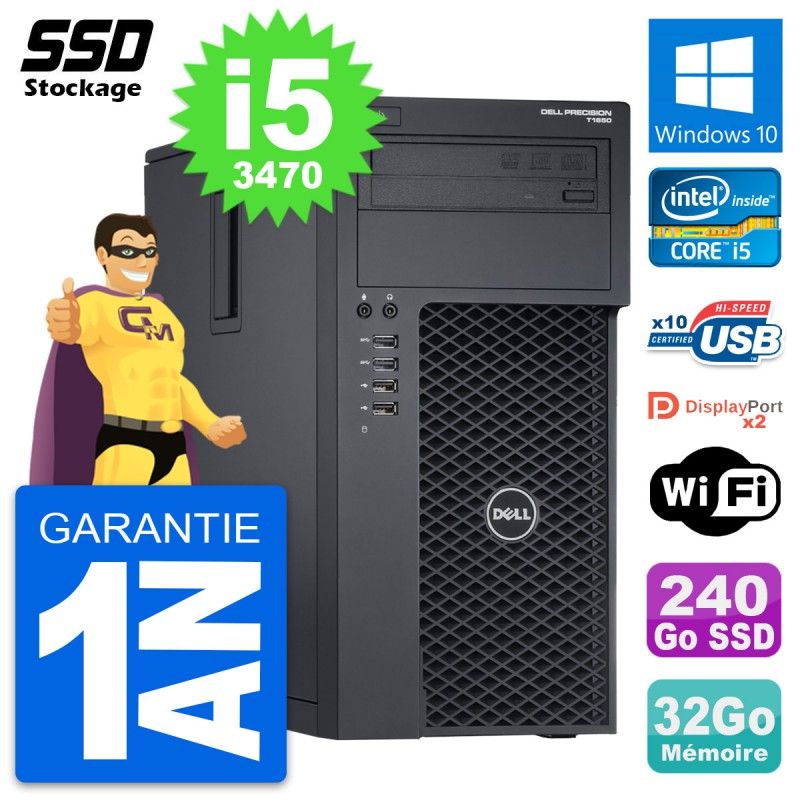 Dell Precision T1650 MT Desktop PC - Intel i5-3470, 32GB RAM, 240GB SSD, Windows 10, WiFi