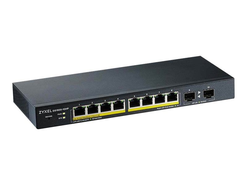 ZyXEL GS1900-10HP - Managed Switch - 8 x 10/100/1000 (PoE+) + 2 x Gigabit SFP - Desk/Wall Mountable