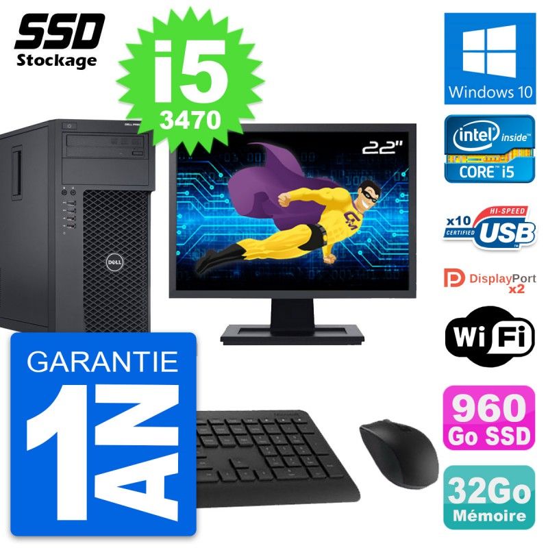 Dell Precision T1650 MT Desktop Computer | 22" Screen | Intel i5-3470 | 32GB RAM | 960GB SSD | Windows 10