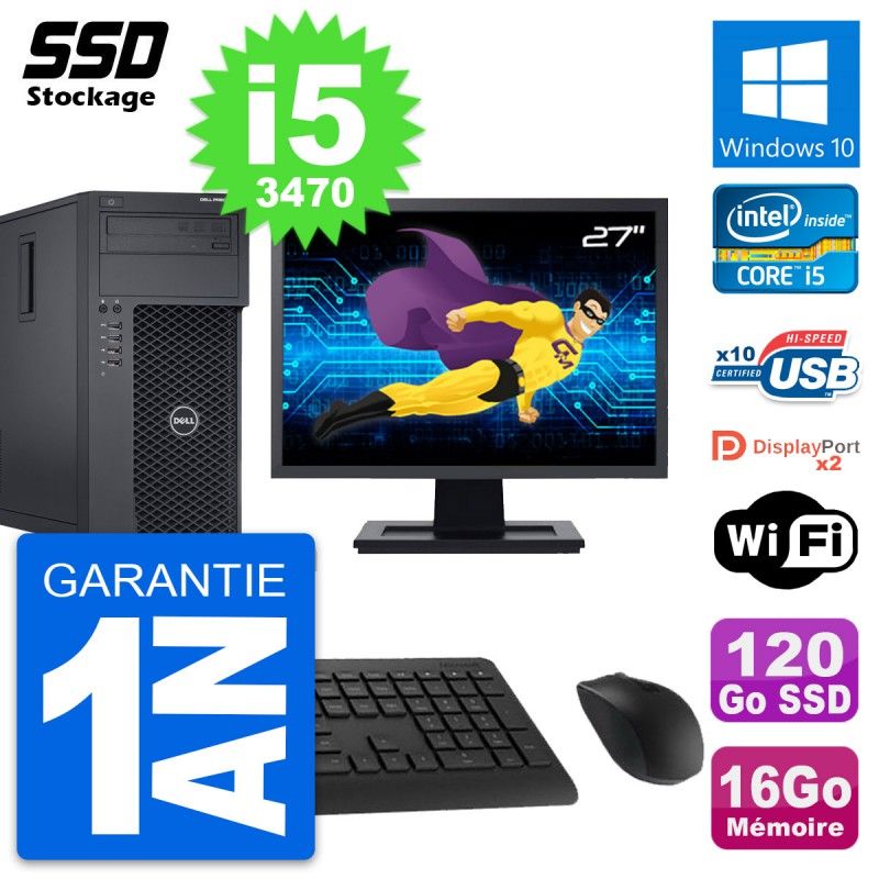 Dell Precision T1650 MT Desktop Computer, 27" Screen, Intel i5-3470, 16GB RAM, 120GB SSD, Windows 10, WiFi