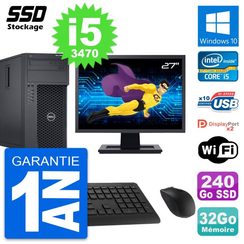 Dell Precision T1650 MT Desktop Computer - 27" Screen, Intel i5-3470, 32GB RAM, 240GB SSD, Windows 10, WiFi