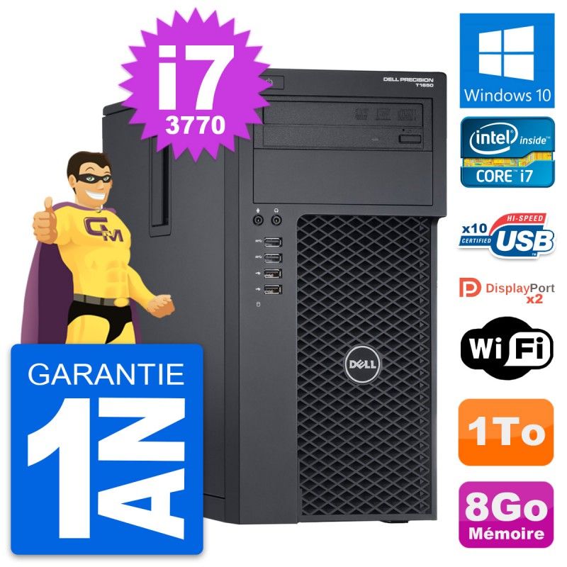 Dell Precision T1650 MT Desktop PC - Intel i7-3770, 8GB RAM, 1TB HDD, Windows 10, WiFi