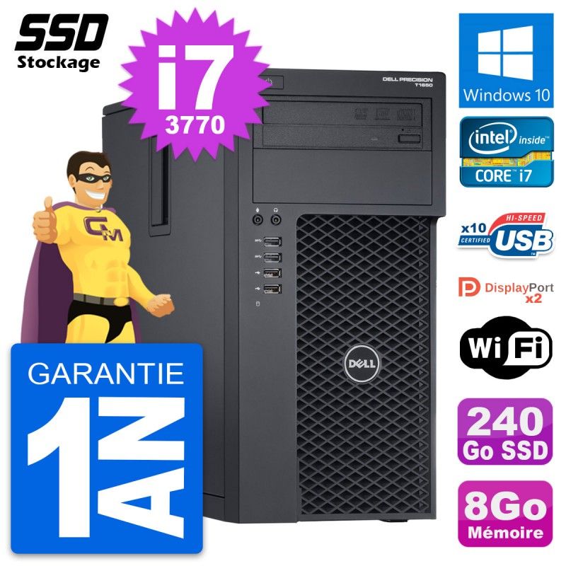 Dell Precision T1650 MT Desktop PC - Intel i7-3770, 8GB RAM, 240GB SSD, Windows 10, WiFi