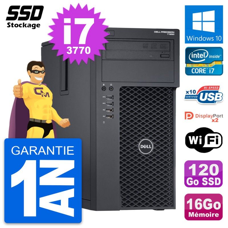 Dell Precision T1650 MT Desktop PC - Intel i7-3770, 16GB RAM, 120GB SSD, Windows 10, Wifi