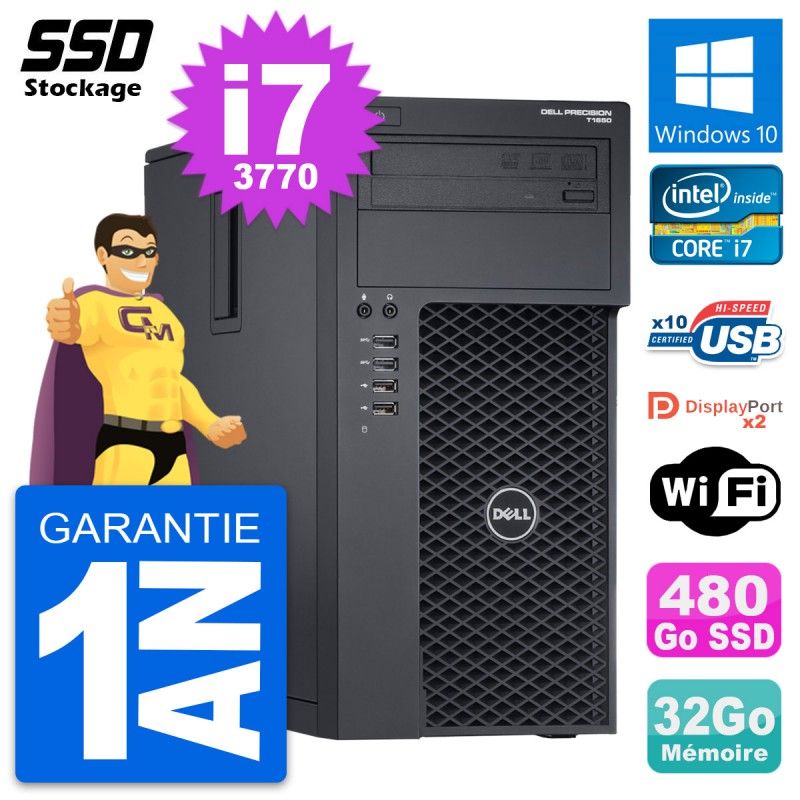 Dell Precision T1650 MT Desktop Computer - Intel i7-3770, 32GB RAM, 480GB SSD, Windows 10, Wifi