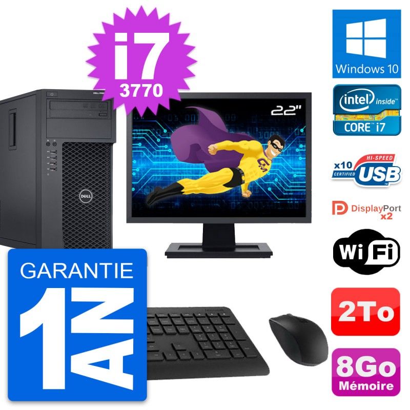 Dell Precision T1650 MT Desktop PC - 22" Screen, Intel i7-3770, 8GB RAM, 2TB HDD, Windows 10, WiFi