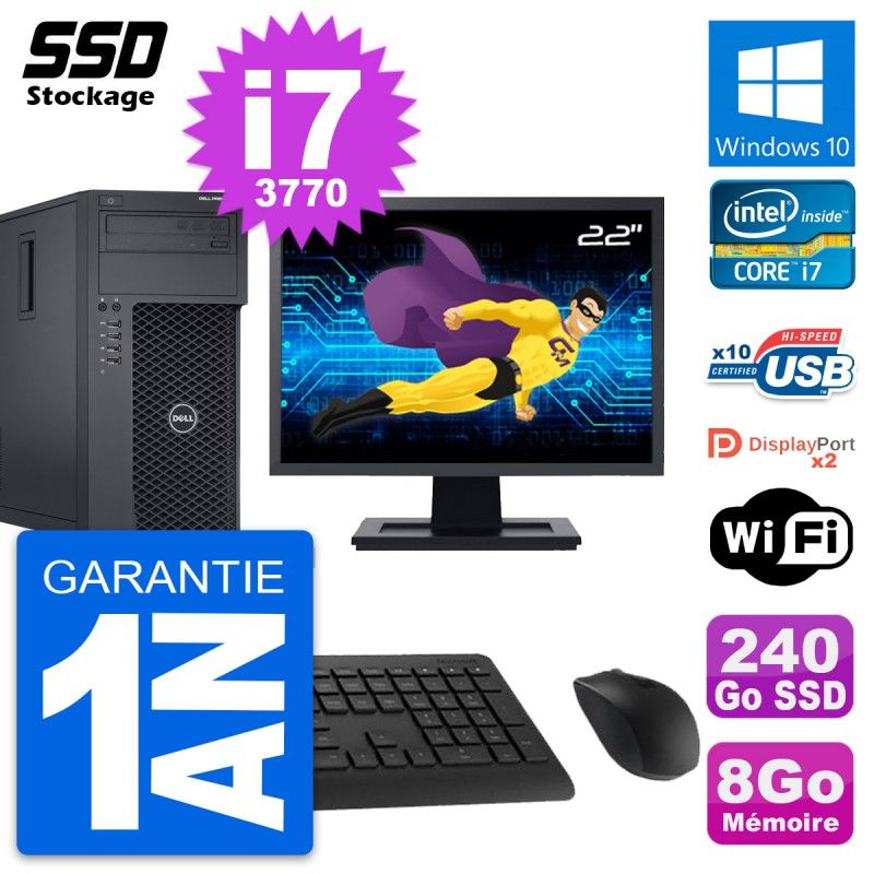 Dell Precision T1650 MT Computer - 22" Screen, Intel i7-3770, 8GB RAM, 240GB SSD, Windows 10, WiFi