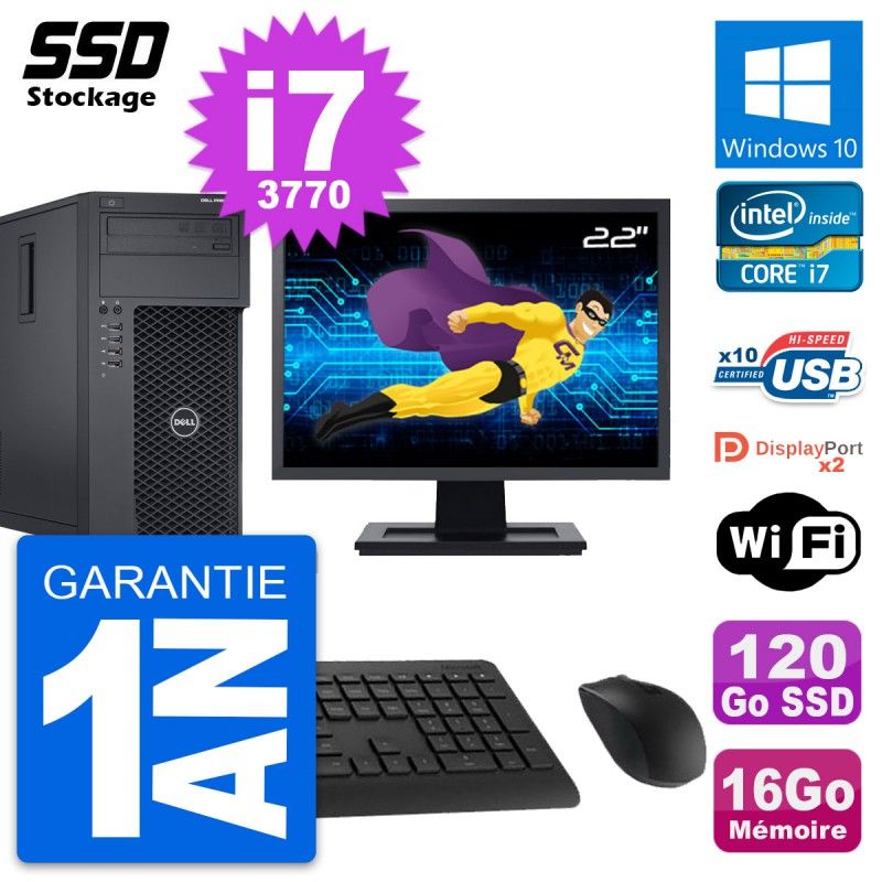 Dell Precision T1650 MT Desktop Computer, 22" Screen, Intel i7-3770, 16GB RAM, 120GB SSD, Windows 10, WiFi