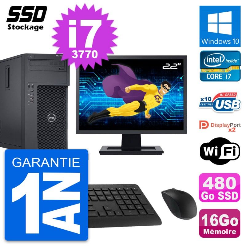 Dell Precision T1650 MT Desktop Computer | 22" Screen | Intel i7-3770 | 16GB RAM | 480GB SSD | Windows 10