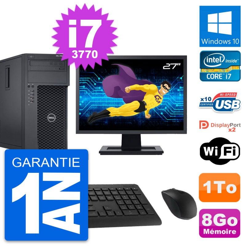 Dell Precision T1650 MT Desktop Computer, 27" Screen, Intel i7-3770, 8GB RAM, 1TB HDD, Windows 10, WiFi