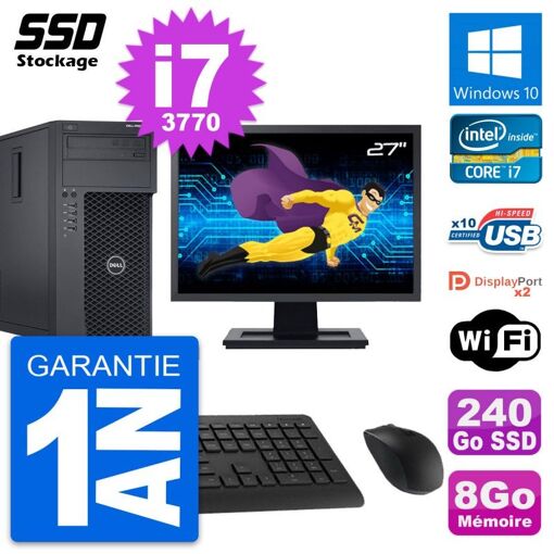 Dell Precision T1650 MT Desktop Computer - 27" Screen, Intel i7-3770, 8GB RAM, 240GB SSD, Windows 10, WiFi