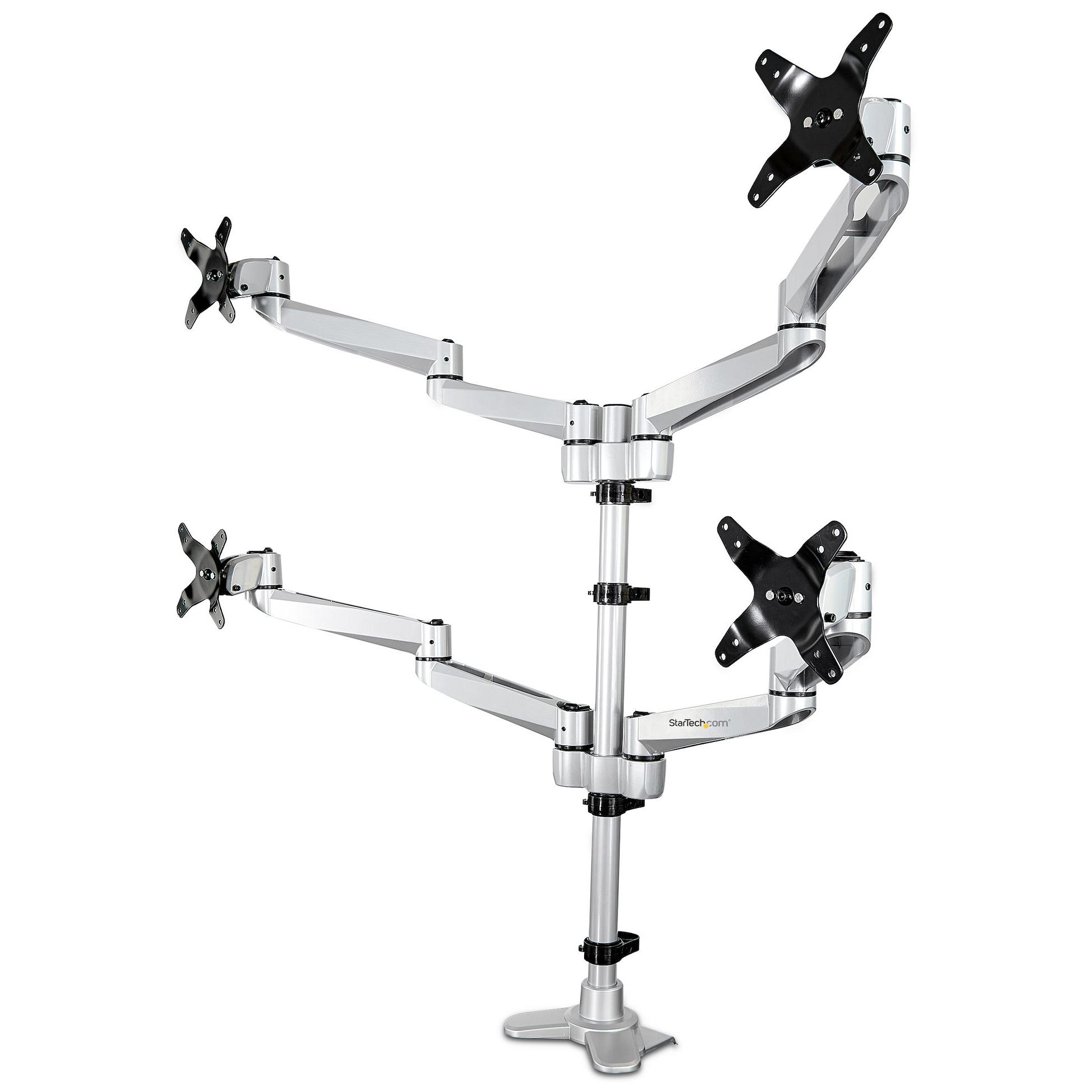 StarTech.com 4-Monitor Desk Stand - Adjustable Height Articulating Pole Mount for VESA 4x2 up to 30" Screens (11.25kg) - Inclination, Pivoting, Rotation - C/Ring Clamp - Silver