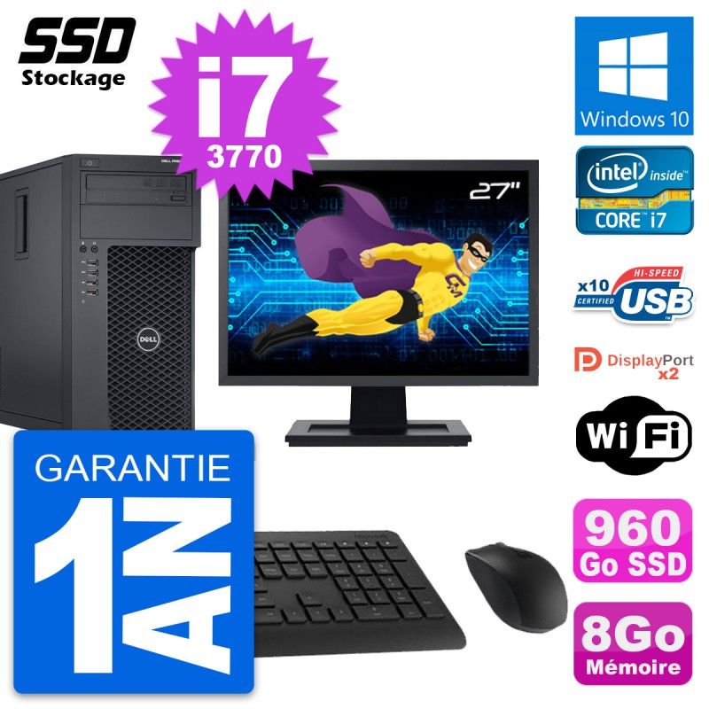 Dell Precision T1650 MT Desktop Computer | 27" Screen | Intel i7-3770 | 8GB RAM | 960GB SSD | Windows 10