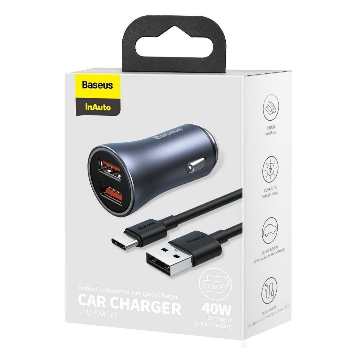 Baseus Car Charger Golden Contactor Pro (USB/Type-C Cable 5A, 2xUSB Quick Charge)