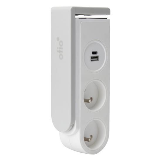 Otio Power Strip - Mountable Plug-in with USB Chargers - 230V AC - 3680W - 2 x Type E Outlets, USB, 24-pin USB-C - 1.5m Cable - White