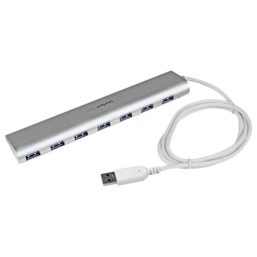 StarTech.com 7-Port USB 3.0 Hub with Integrated Cable - Aluminum Case, Silver - USB Device Sharing Switch - 7x SuperSpeed USB 3.0 - Desk Top