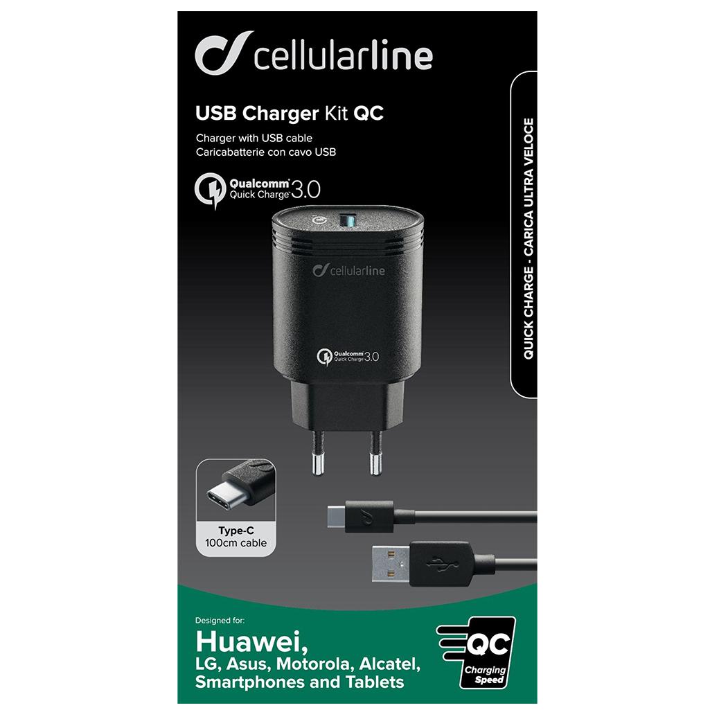 Kit de cargador USB Cellularline 18W - USB-C para Huawei, Xiaomi, Wiko, Asus y más
