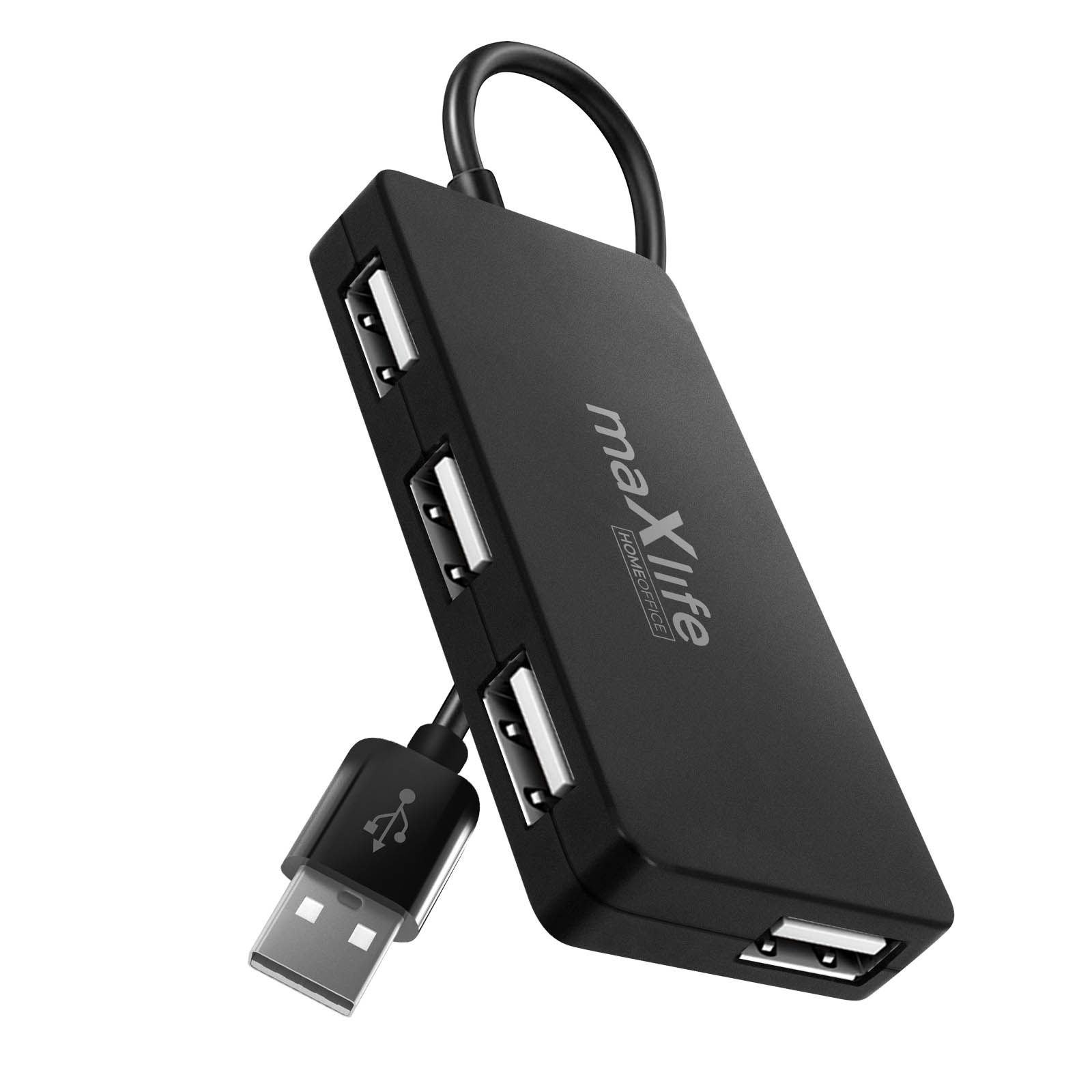 Maxlife 4-Port USB Hub Adapter, 1.5m Extension Cable, Black