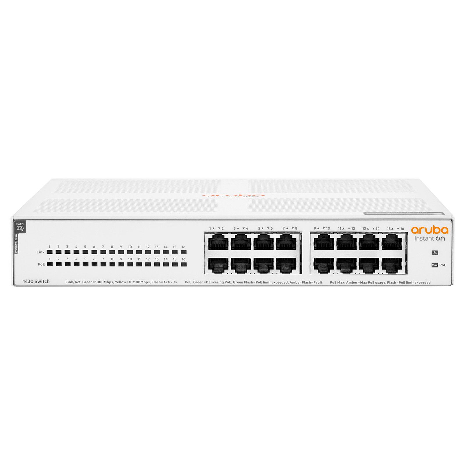 HPE Networking Instant On 1430 16G Class4 PoE 124W Switch - Commutateur - non géré - 16 x 10/100/1000 (PoE Class 4) - de bureau, Montable sur rack, fixation murale - PoE (124 W) - BTO
