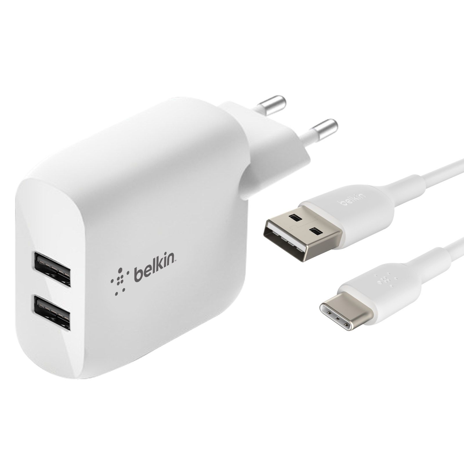 Cargador de pared Belkin Boost Charge 24W con doble puerto USB y cable USB-C de 1 m - Blanco