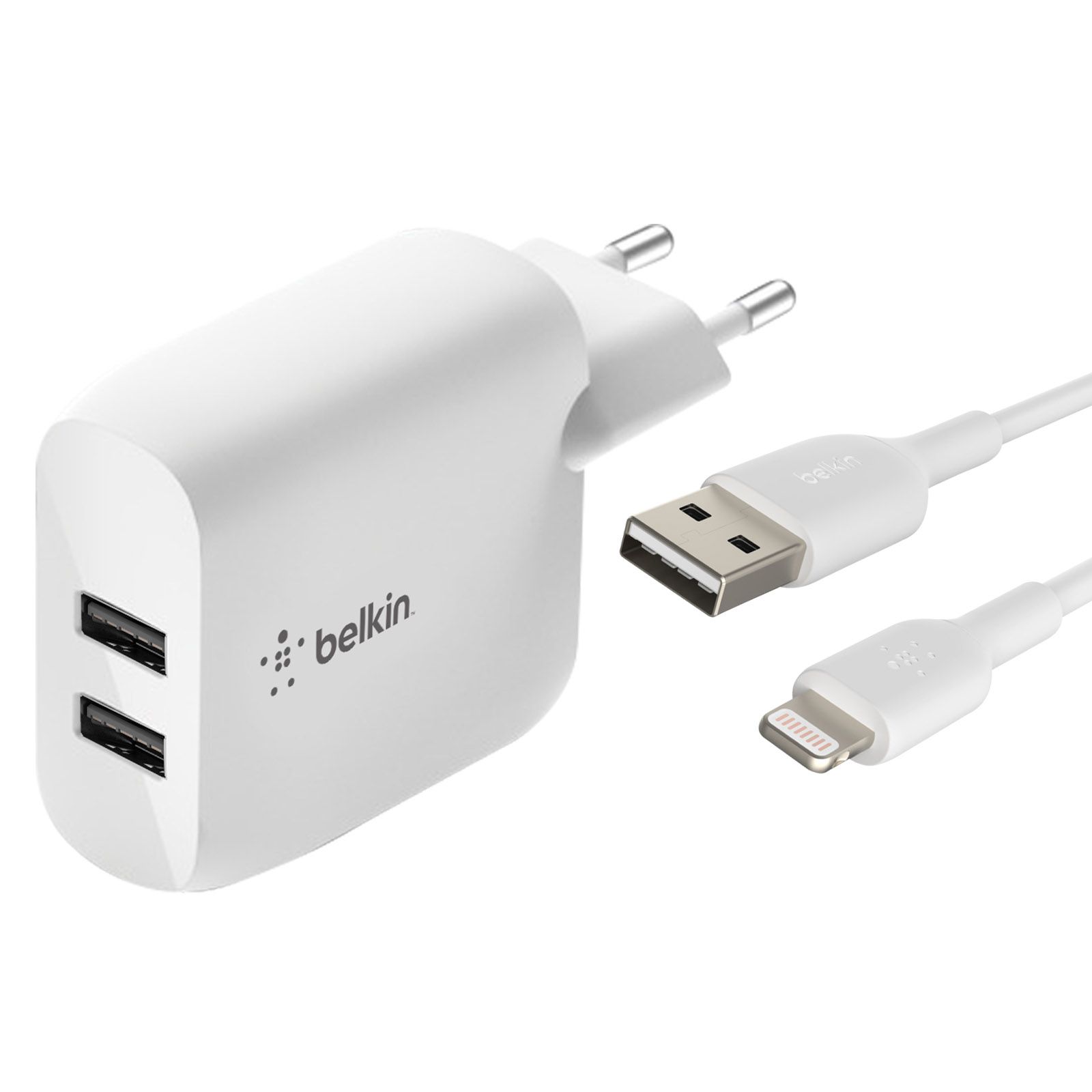 Cargador de pared Belkin Boost Charge 24W con doble puerto USB y cable Lightning de 1 m