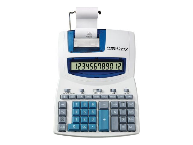 Rexel Ibico Semi-Professional 1221X - 12-Digit Calculator with Printer - LCD - AC Adapter - White and Blue
