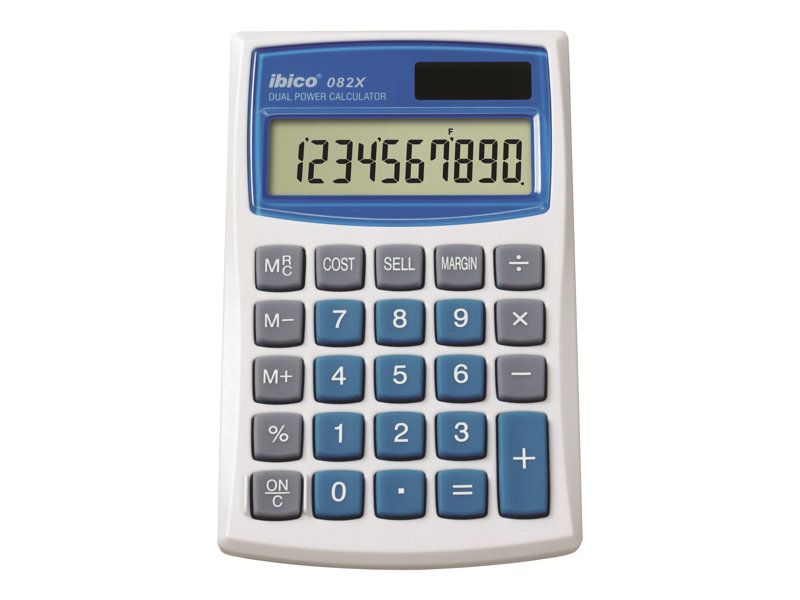 Rexel Ibico 082X - Solar and Battery-Powered Pocket Calculator - 10 Digits - White, Blue