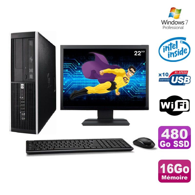 Ordinateur de bureau HP Elite 6000 Pro SFF - Processeur Intel E5400, 16 Go de RAM, 480 Go SSD, Wi-Fi, Windows 7 Professionnel + Écran 22"