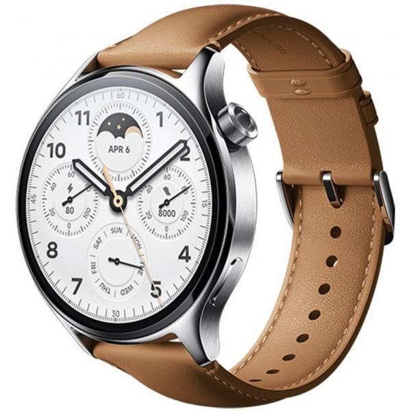Xiaomi Watch S1 Pro Smartwatch, Silver with Brown Leather Strap